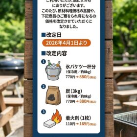 価格改定のお知らせ（炭、着火剤、氷）